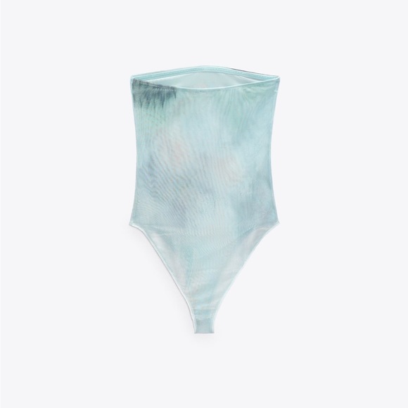 Zara STRAPLESS PRINTED TULLE BODYSUIT. Sky Blue. Size L. New with Tags. - Picture 6 of 7